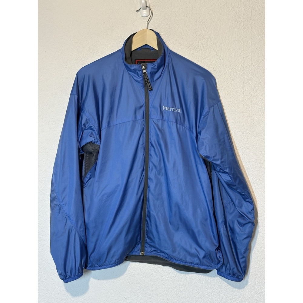 Marmot Womens Large Windbreaker Fleece Lined Blue Zip Vented Pockets 1 Inside
